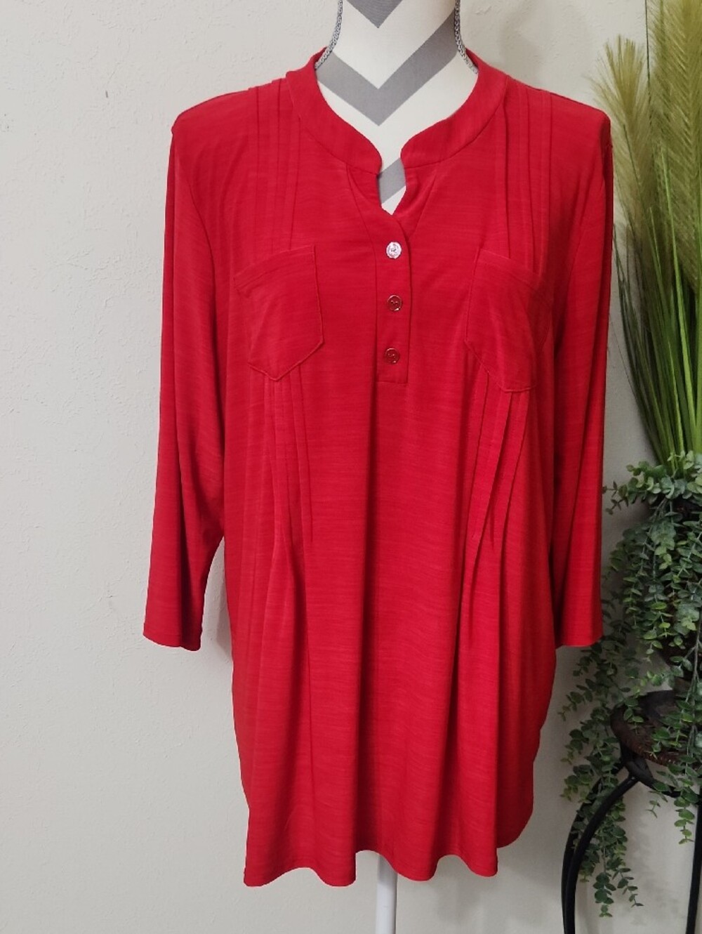 Elie McCarthy Women's Red Split-Neck Button Blouse with Pintuck Details